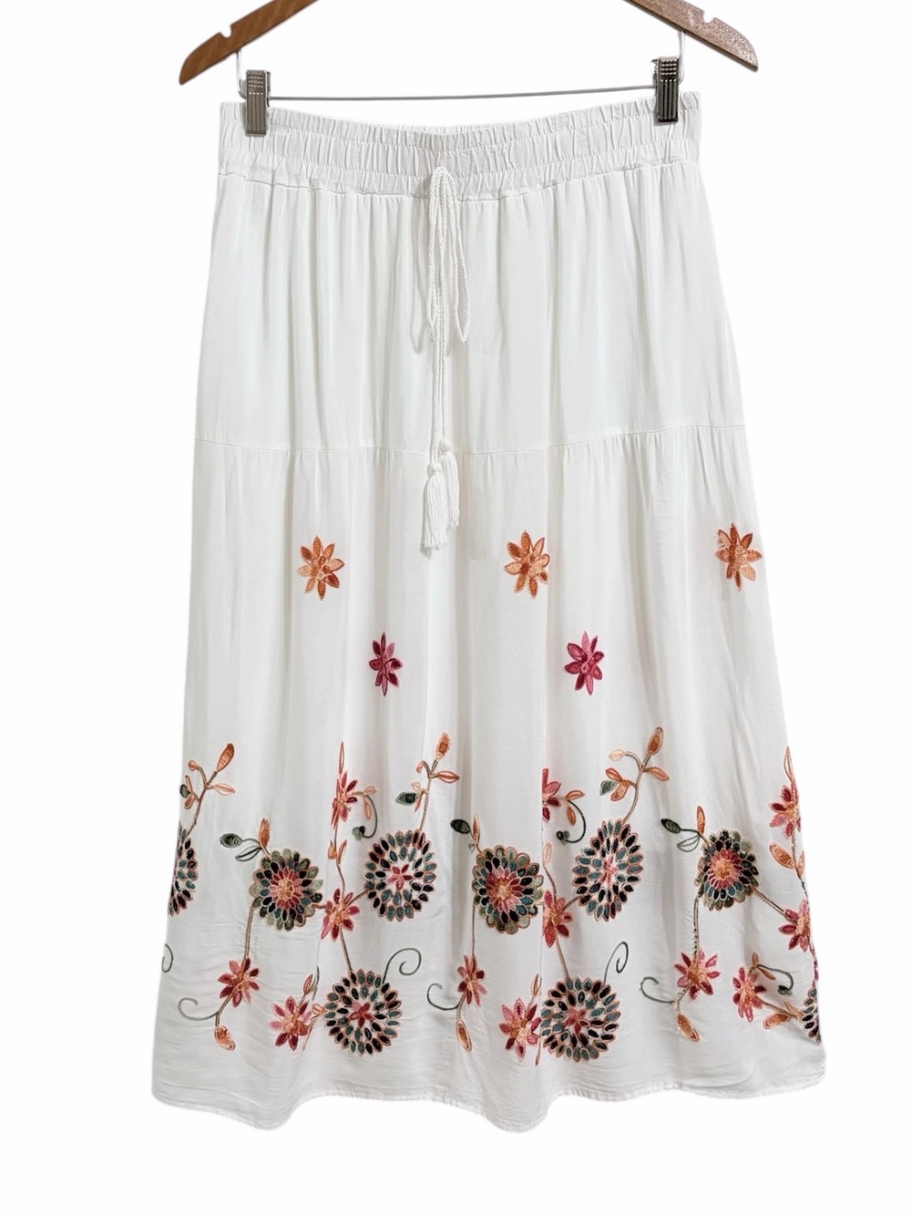 Ana & Rose Boho Floral Embroidered Tiered Midi Skirt M White Cottage Festival